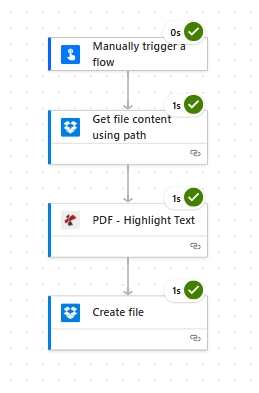 Cliquez pour agrandir Flux Power Automate en quatre étapes : déclenchement manuel, récupération du contenu d'un fichier Dropbox à partir de son chemin, surlignage de texte pour PDF4me et création d'un fichier Dropbox.